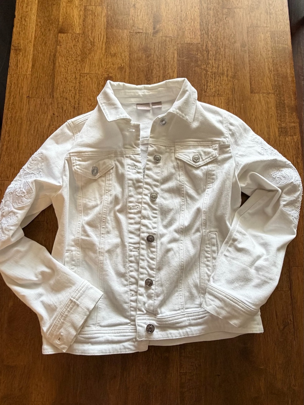 Chico's White Embroidered-Sleeve Denim Jacket